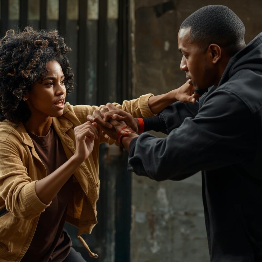 create a realistic self defense picture of black woman being attacked by a man, they are wearing street clothes